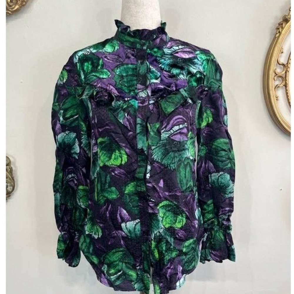 Sandro Paris Purple Green‎ Floral Silk Ruffle Blouse Size 0